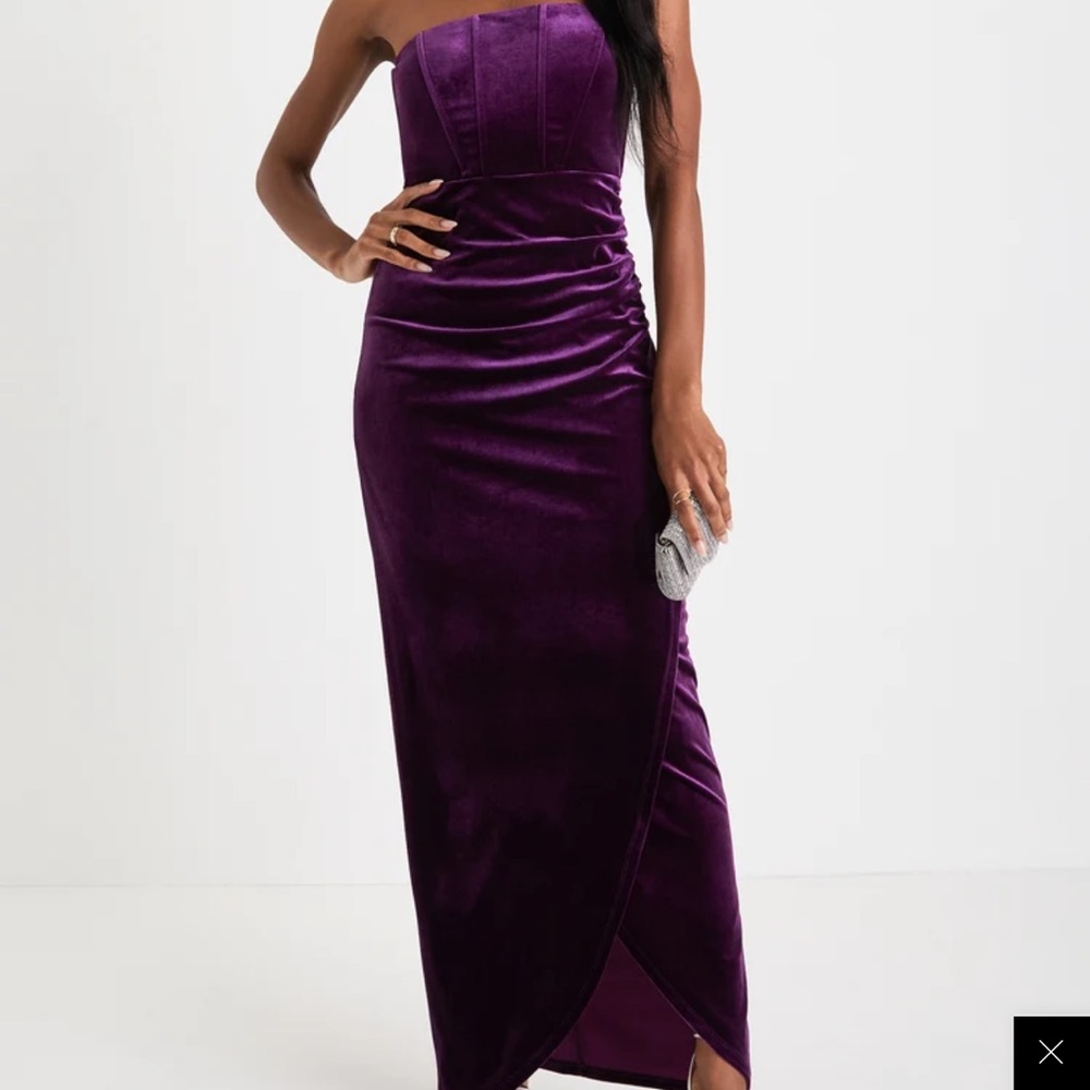 Purple Velvet Strapless Maxi Dress